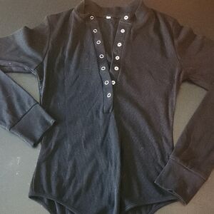 Black Long Sleeve Snap Button Front Goth Classic Ribbed Small Bodysuit
